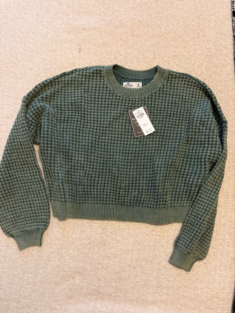 NWT Hollister Olive Green Waffle-Knit Crewneck Sweater